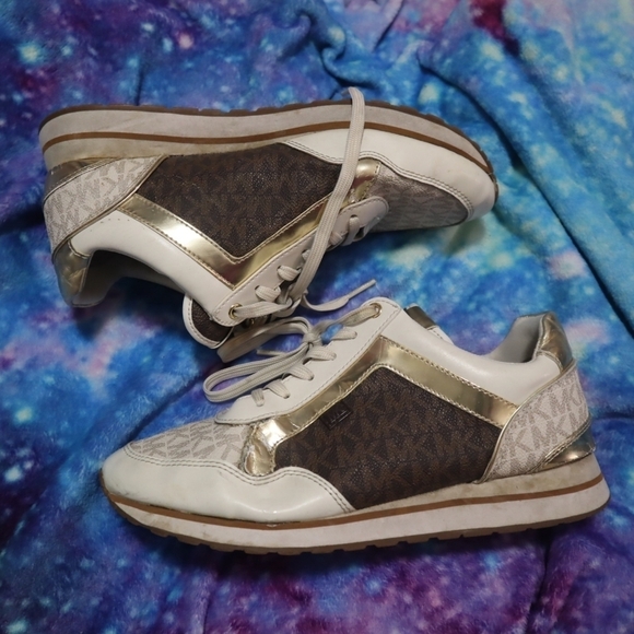 MADDY SNEAKERS TWO TONE 8.5 Michael Kors **FLAWED** Gold Brown Shoes - Picture 1 of 10